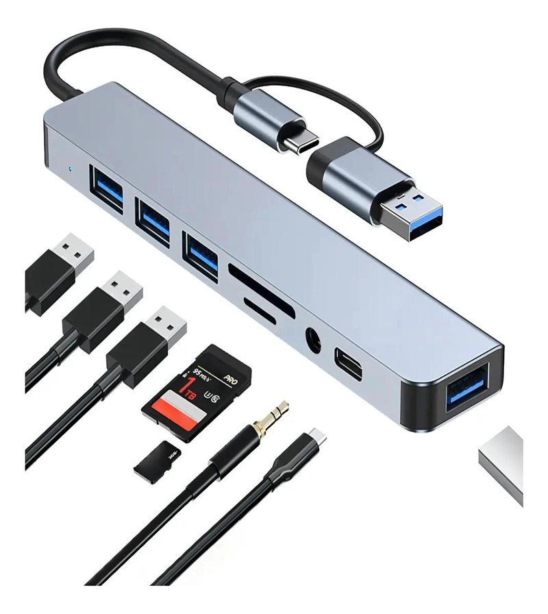 GENÉRICO HUB 8 EN 2 CON PUERTOS USB C, USB 2.0, USB 3.0, SD, TF Y