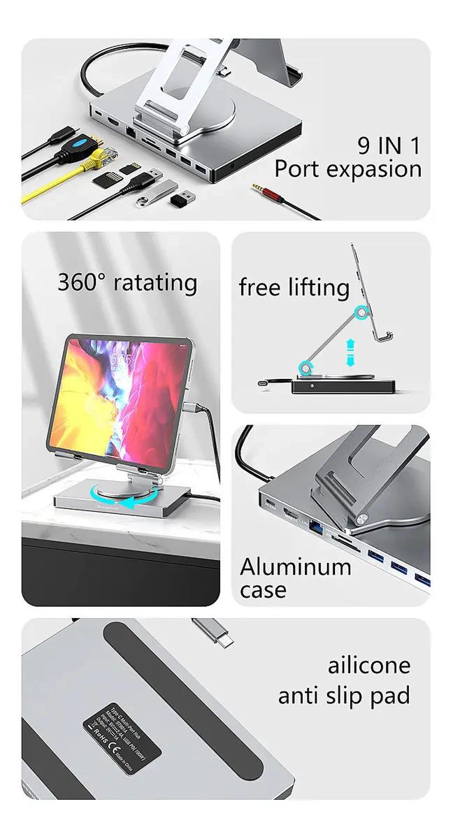 SOPORTE AJUSTABLE 360° PARA LAPTOP CON HUBS 9 EN 1 - 5