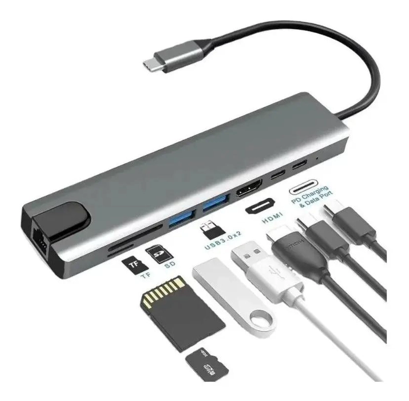 GENÉRICO HUB ADAPTADOR USB-C 8 EN 1 CON ETHERNET 1000 MBPS Y 2 PU