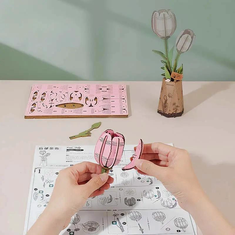 PUZZLE 3D DE MADERA TULIPAN ROSA 72 PIEZAS - 4