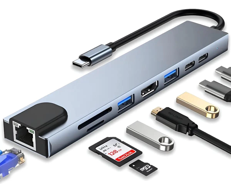 GENÉRICO ADAPTADOR HUB 8 EN 1 TIPO C CON HDMI Y PUERTOS USB