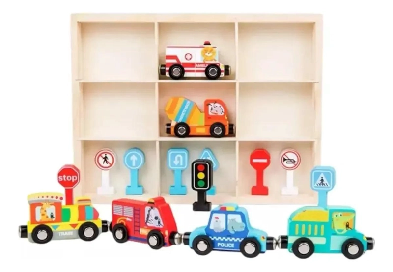 SET DE 6 VEHICULOS DE MADERA CON IMANES Y SEÑALES DE TRA - 3