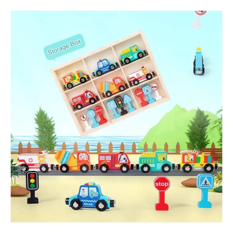TREN MAGNE TICO DE MADERA CON ANIMALES Y TRANSITO PARA NIÑ - 2