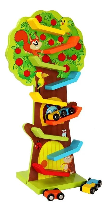 PISTA DE MADERA PARA AUTOS CON ARBOL Y RAMPA - 1