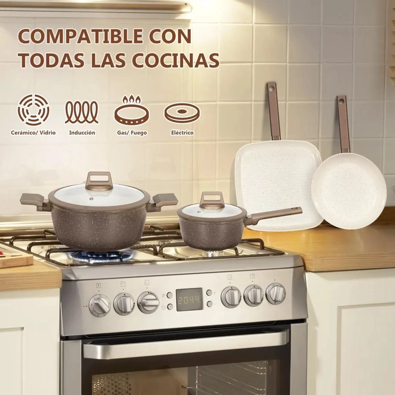 SET DE 8 PIEZAS COCINA CERAMICA ANTIADHERENTE CHOCOLATE Y - 3