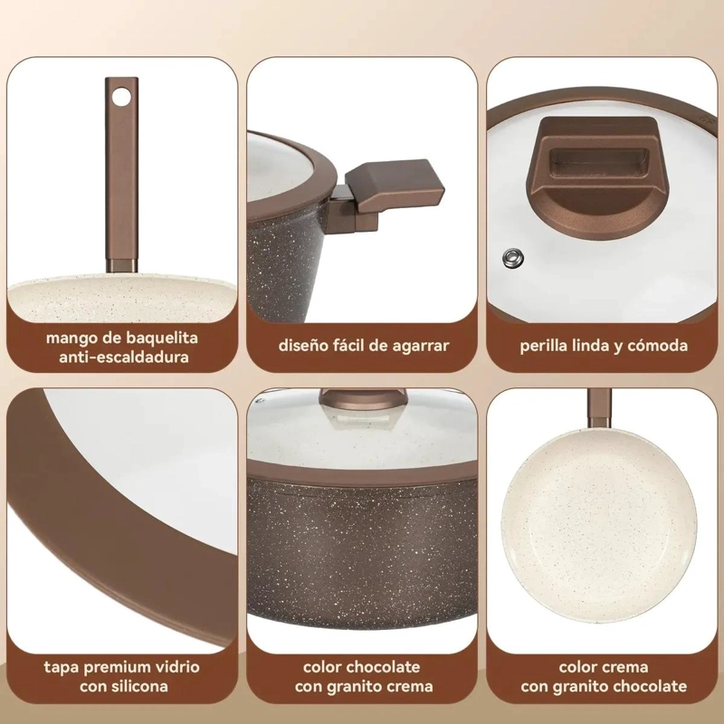 SET DE 8 PIEZAS COCINA CERAMICA ANTIADHERENTE CHOCOLATE Y - 4