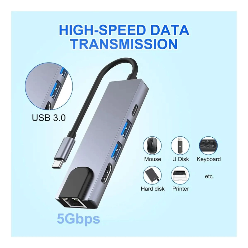HUB 5 EN 1 USB-C CON HDMI 4K, USB 3.0, PD Y LAN GIGABIT - 4