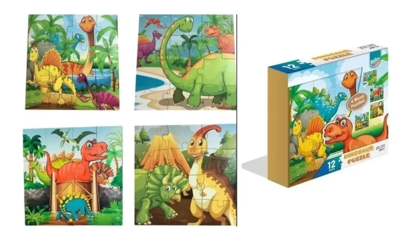 SET 4 ROMPECABEZAS DE MADERA DINOSAURIOS 12 PIEZAS - 1