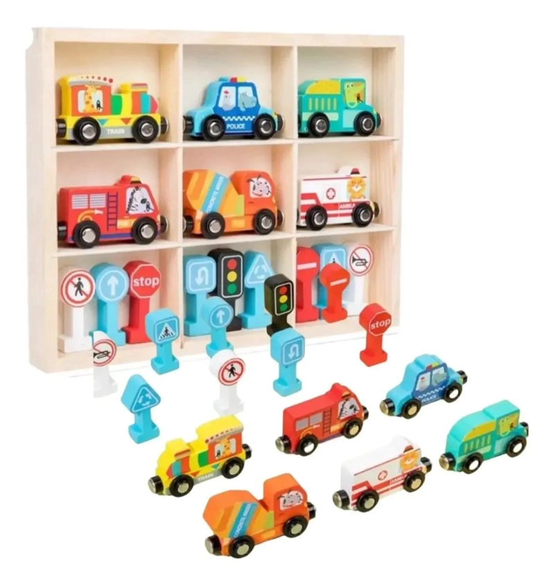 SET 6 VEHICULOS DE MADERA CON IMANES Y SEÑALES DE TRAFICO - 2