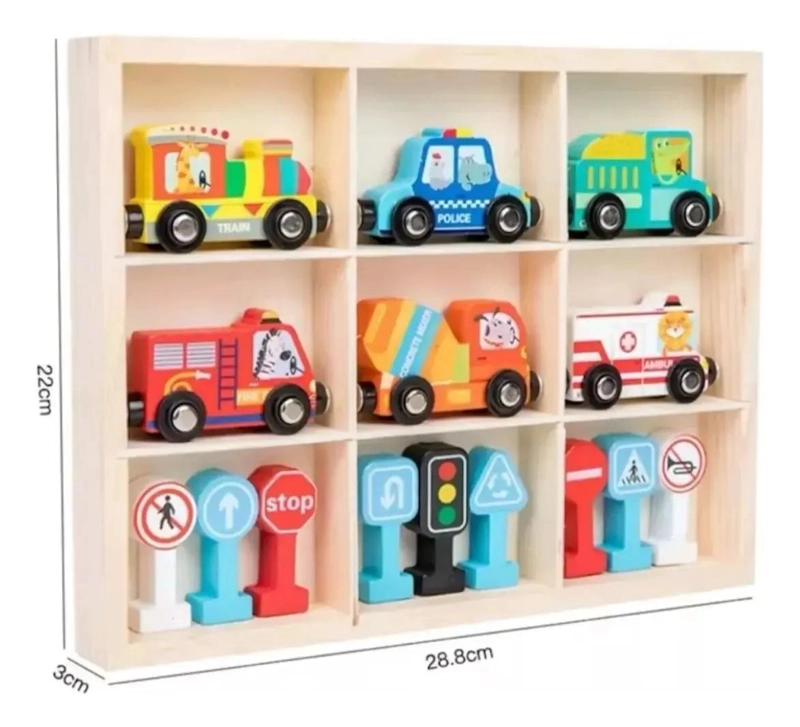 SET 6 VEHICULOS DE MADERA CON IMANES Y SEÑALES DE TRAFICO - 5