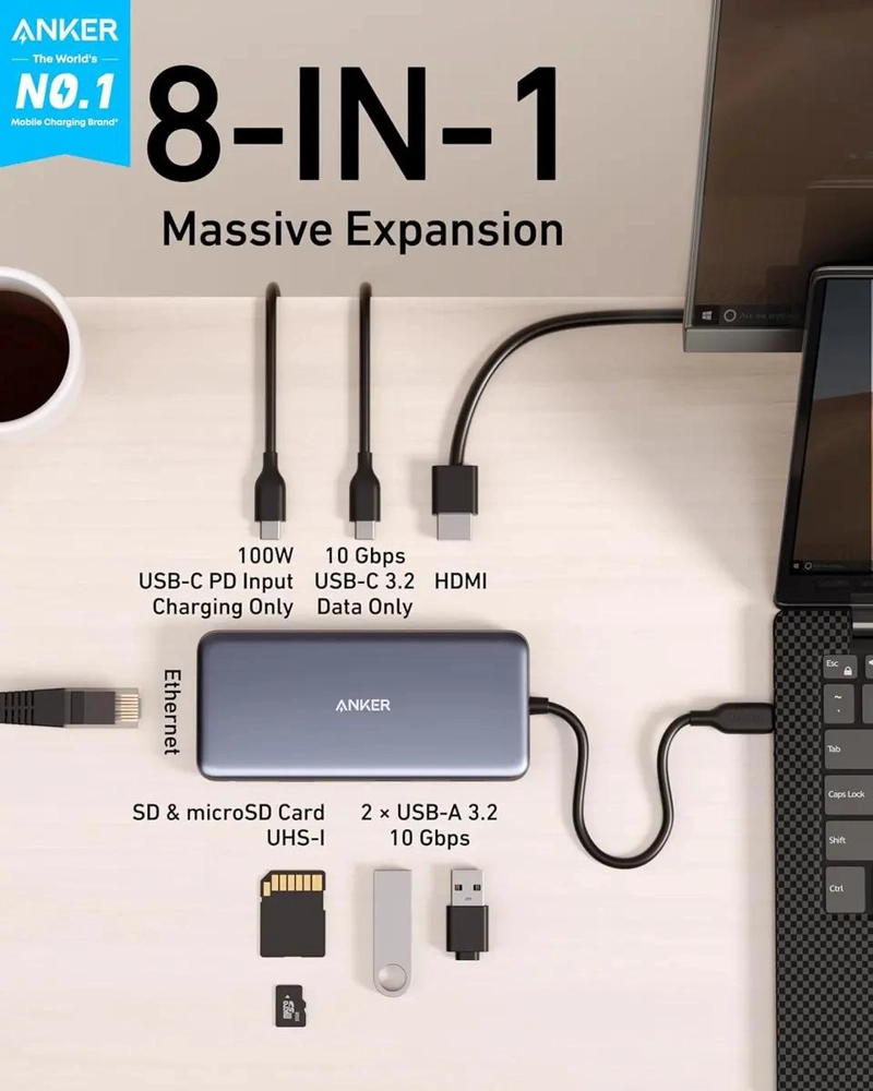ADAPTADOR USB-C HUB 8 EN 1 CON HDMI 4K Y PUERTOS USB - 2