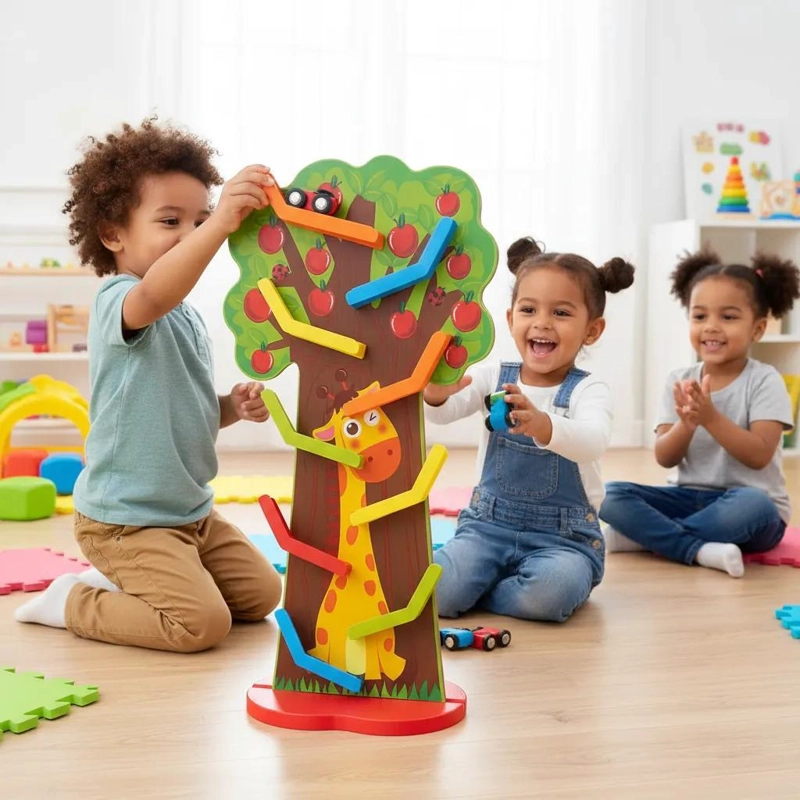 PISTA DE AUTOS DE MADERA CON ARBOL DIDACTICO PARA NIÑOS - 1