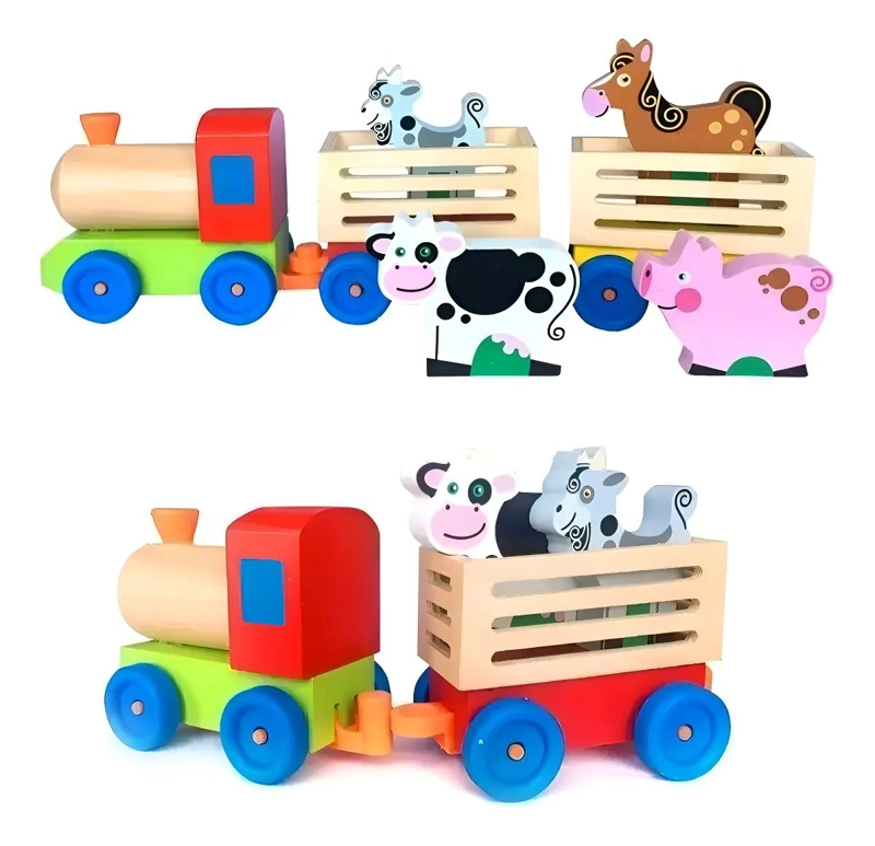 TREN DE MADERA CON ANIMALES DE GRANJA MULTICOLOR 3 COCHES - 1