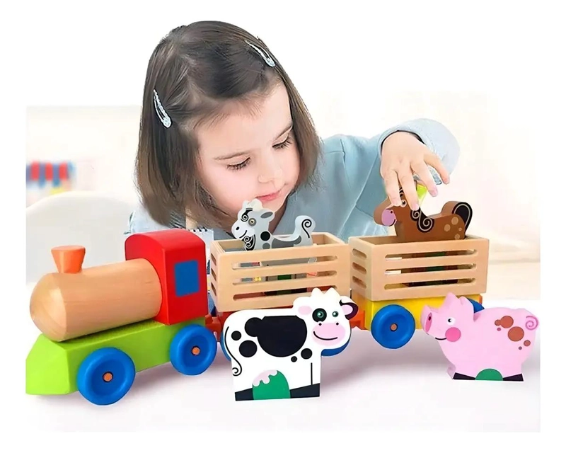 TREN DE MADERA CON ANIMALES DE GRANJA MULTICOLOR 3 COCHES - 2