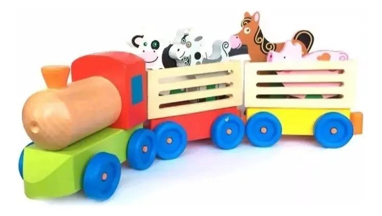 TREN DE MADERA CON ANIMALES DE GRANJA MULTICOLOR 3 COCHES - 3