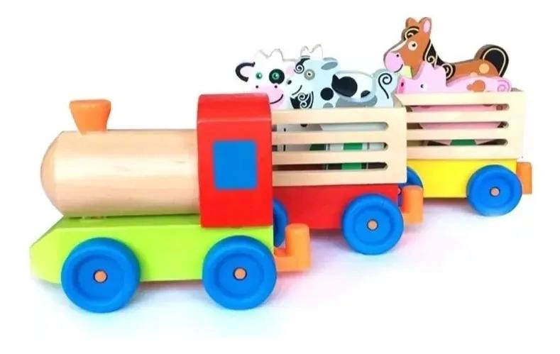 TREN DE MADERA CON ANIMALES DE GRANJA MULTICOLOR 3 COCHES - 4