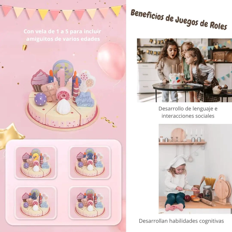 JUGUETE DE MADERA MONTESSORI TORTA DE CUMPLEAÑOS - 3