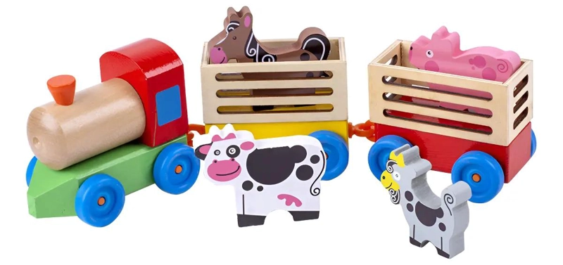 TREN DE MADERA CON FIGURAS DE ANIMALES DE GRANJA - 1
