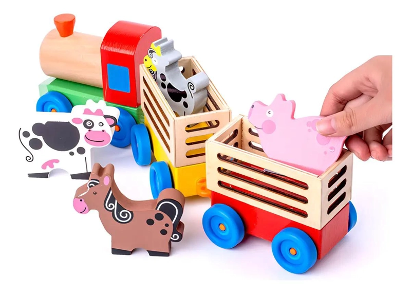 TREN DE MADERA CON FIGURAS DE ANIMALES DE GRANJA - 3
