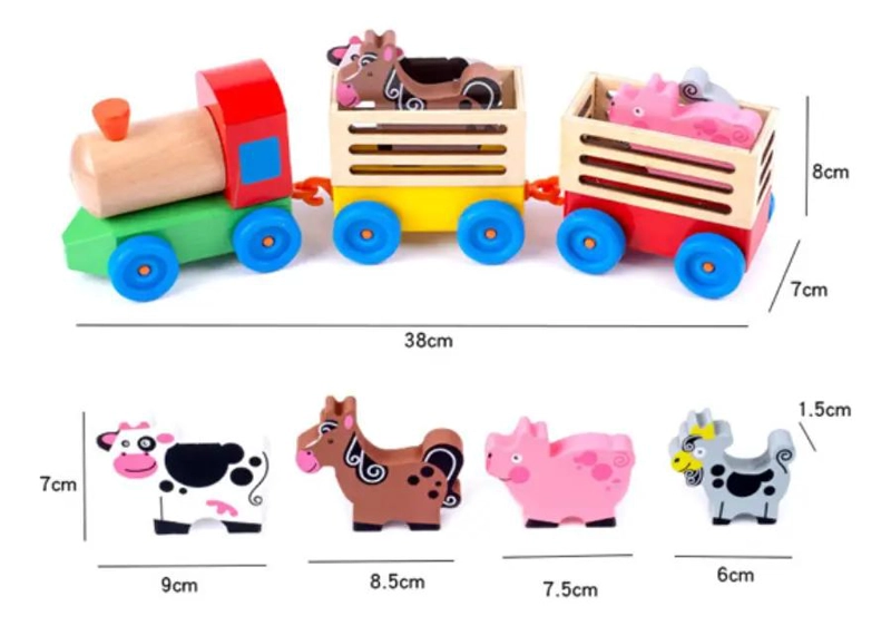 TREN DE MADERA CON FIGURAS DE ANIMALES DE GRANJA - 4