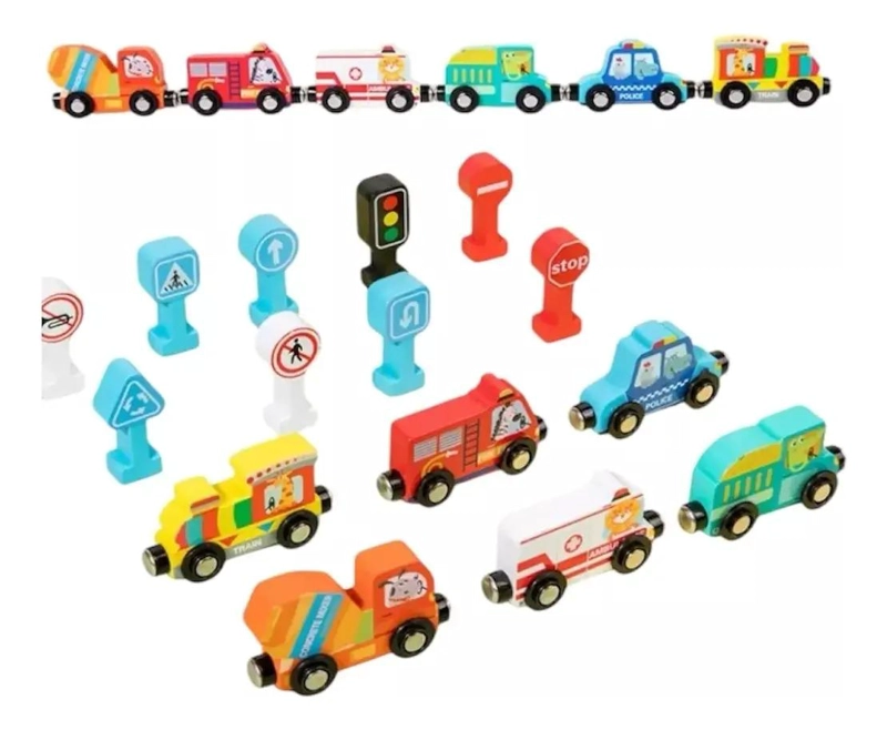 SET DE 6 VEHICULOS DE MADERA CON IMANES Y SEÑALES - 5