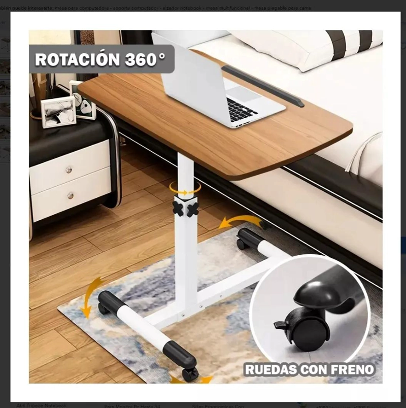 MESA PLEGABLE AJUSTABLE PARA LAPTOP CON RUEDAS Y ALTURA REGULABLE - 3