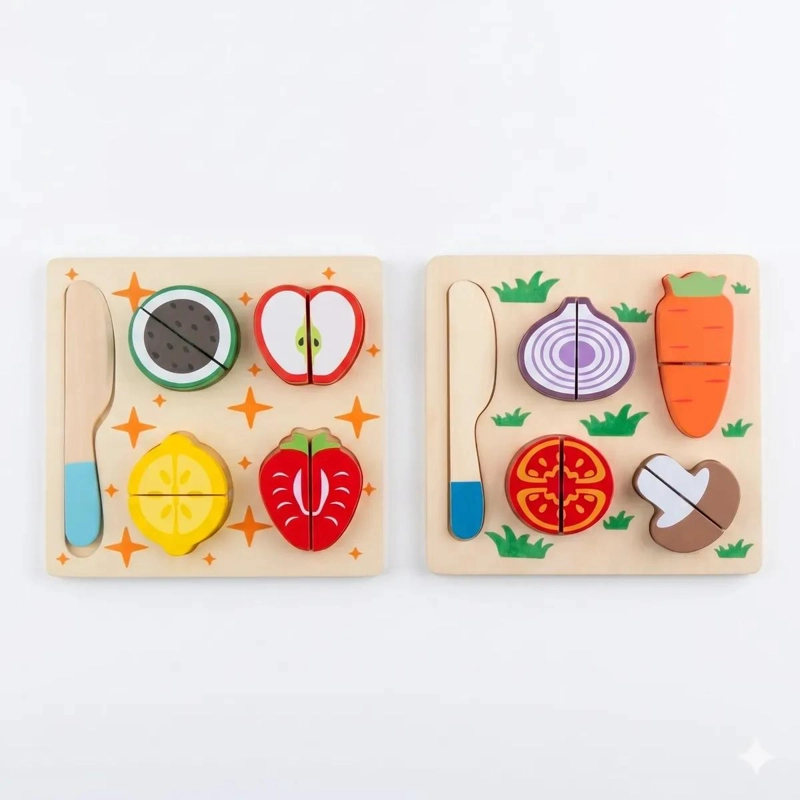 PACK 2 JUGUETES DIDACTICOS DE MADERA PARA CORTAR FRUTAS Y - 1