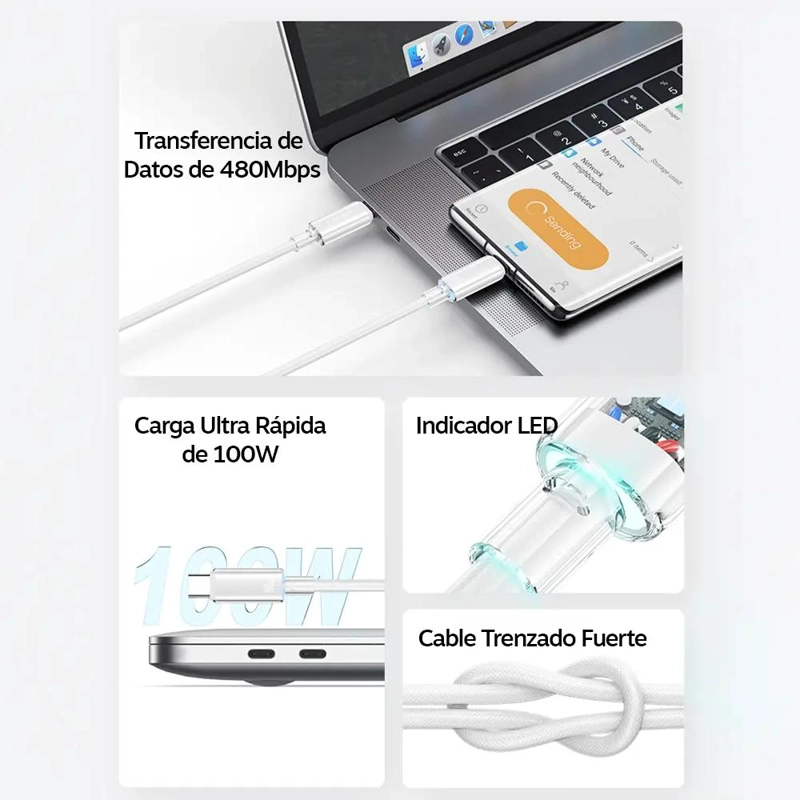 CABLE USB TIPO C A TIPO C 100W 1.2M - 2