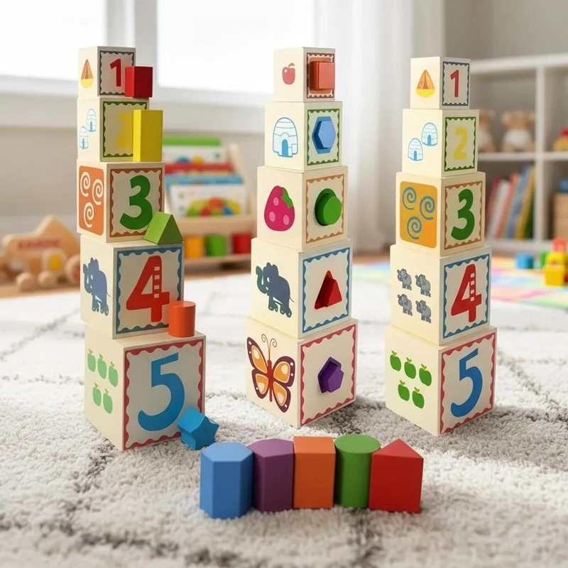 TORRE DE CUBOS APILABLES DE MADERA PARA NIÑOS - 1