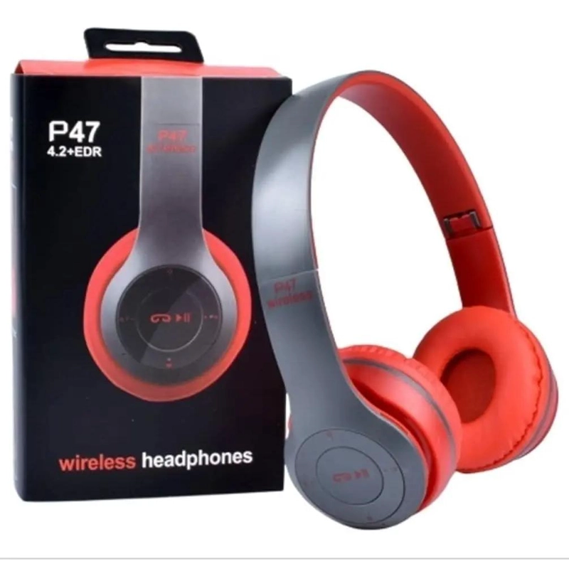 AUDIFONO BLUETOOTH P47 CON AUX Y MICRO SD ROJO - 1
