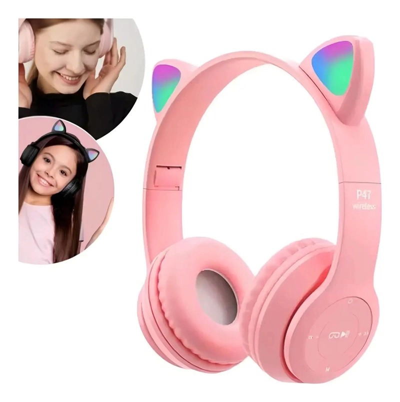 AURICULARES INALAMBRICOS D47 CON BLUETOOTH Y LUZ ROSA - 2