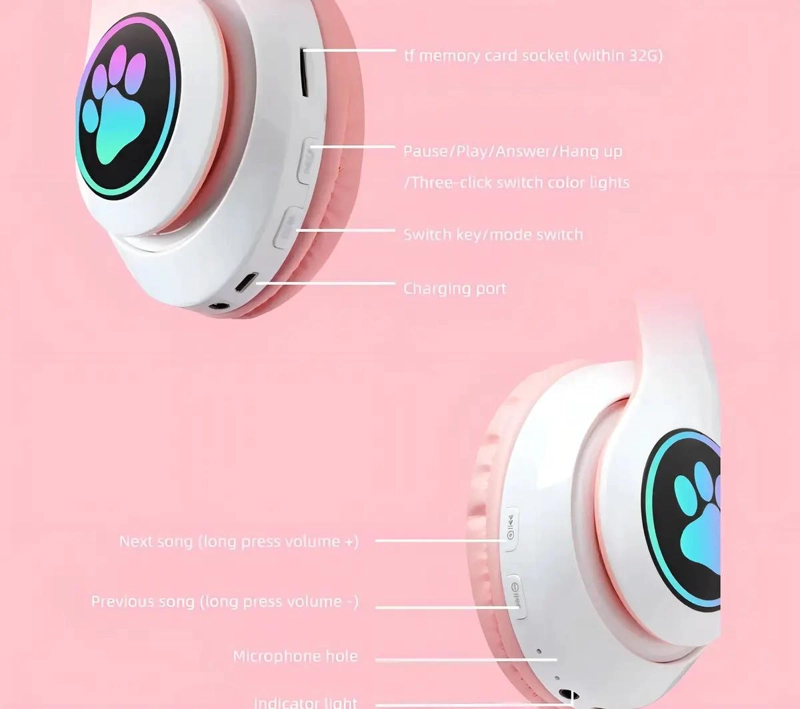 AURICULARES INALAMBRICOS D47 CON BLUETOOTH Y LUZ ROSA - 5