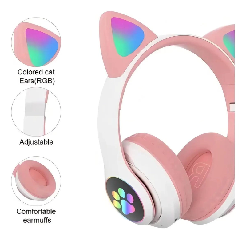 AUDIFONOS GAMER INALAMBRICOS CON LUZ LED Y DISEÑO GATITA - 2