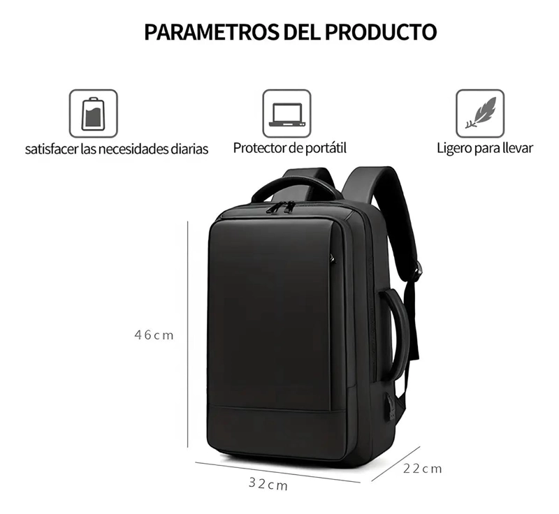 MOCHILA URBANA NEGRA 35L PARA NOTEBOOK 15.6'' CON PUERTO - 3