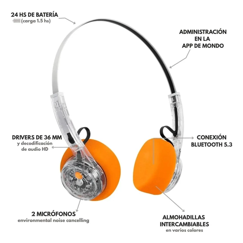 AUDIFONOS ON-EAR TRANSPARENTE RETRO BLUETOOTH - 4