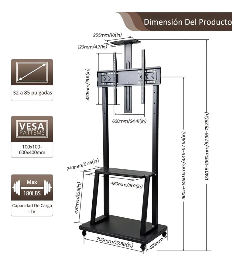 SOPORTE MOVIL PARA TV 32 A 70 PULGADAS CON RUEDAS - 2