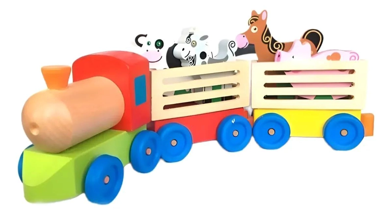 TREN DE MADERA DIDACTICO CON ANIMALES DE GRANJA - 1