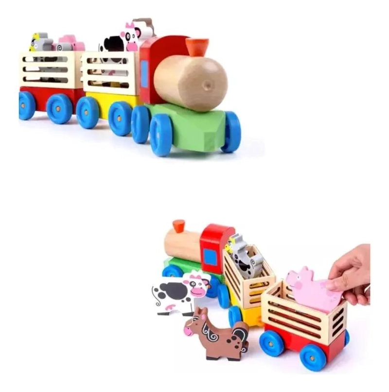 TREN DE MADERA DIDACTICO CON ANIMALES DE GRANJA - 1