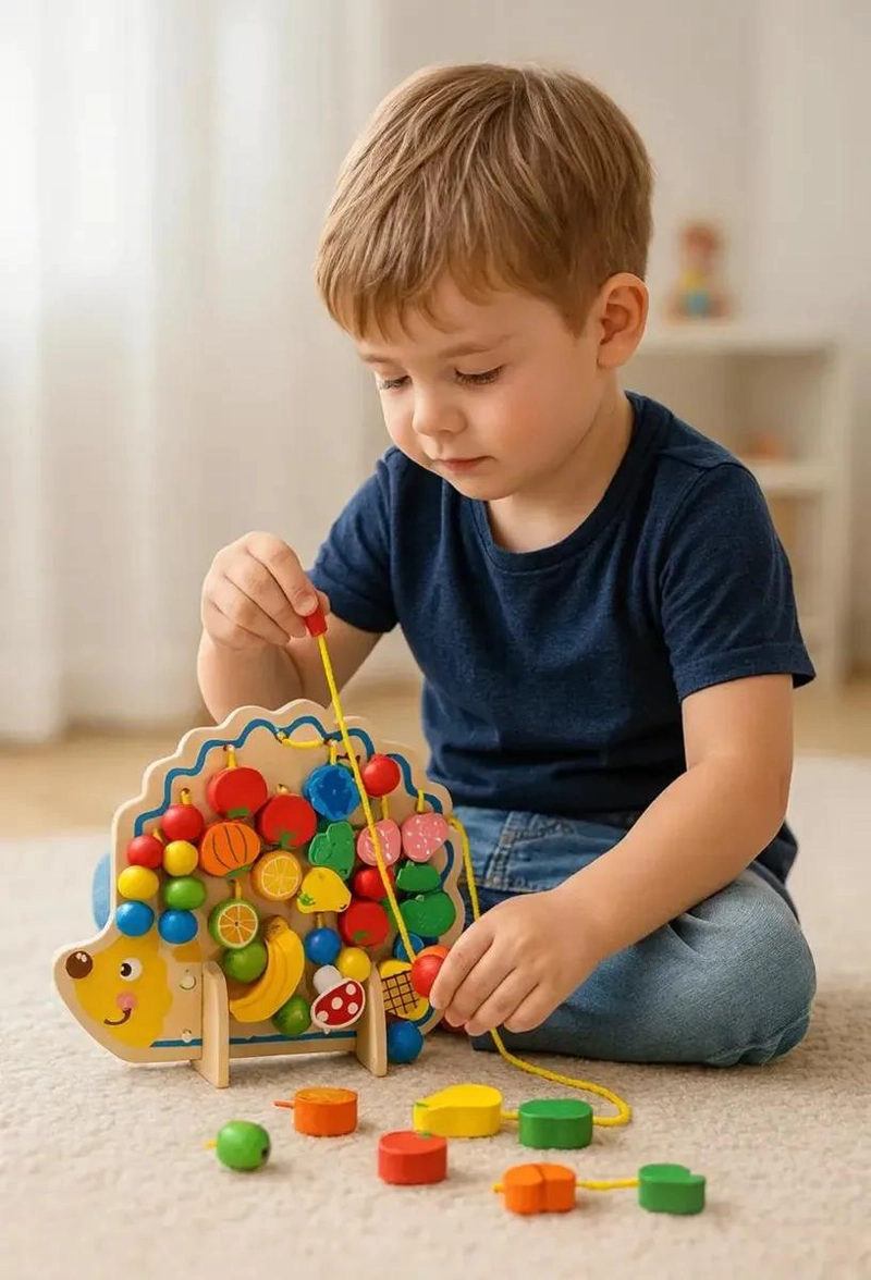 JUEGO DE ENHEBRAR Y ENSARTAR ERIZO DE MADERA - 3