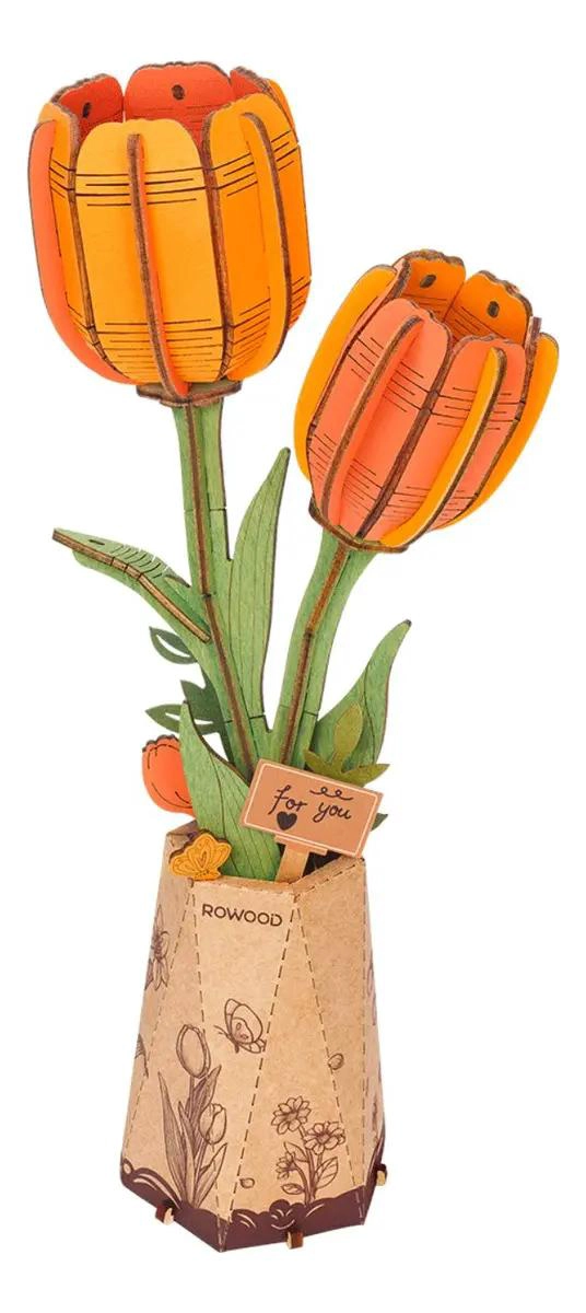 FLOR TULIPAN NARANJA DE MADERA ARMABLE 76 PIEZAS - 1