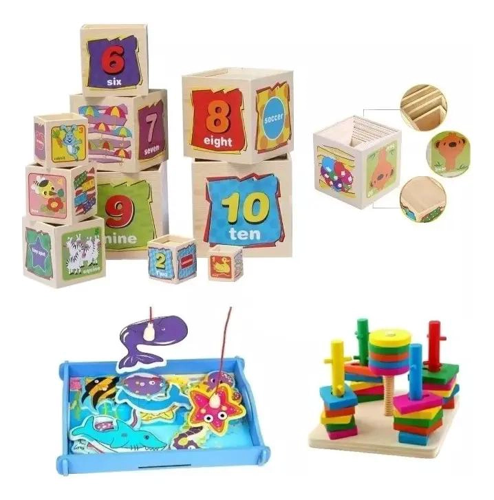 TORRE DE CUBOS DE ENCAJE Y JUEGO DE PESCA DE MADERA - 1