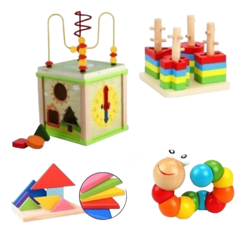 PACK 4 JUEGOS CUBO DE ENCAJE DE MADERA PARA NIÑOS - 1