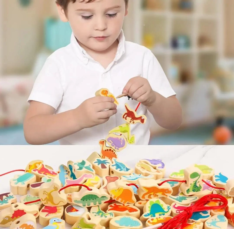 JUGUETE DIDACTICO DE DINOSAURIOS DE MADERA PARA HILAR - 3