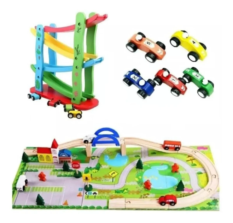 PACK 2 PISTAS DE AUTOS DE MADERA CON 5 AUTITOS - 1