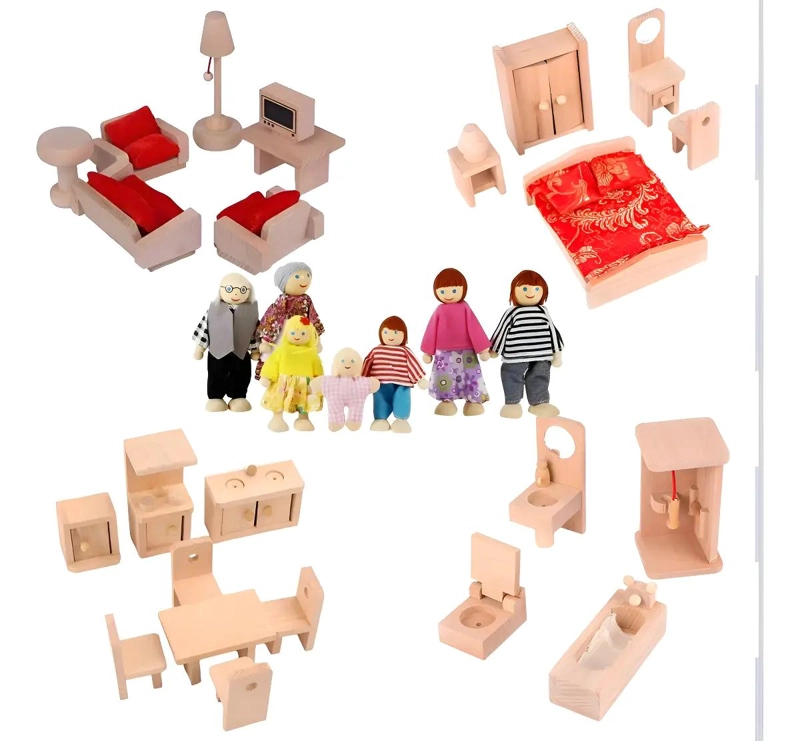SET COMPLETO DE MUEBLES DE MADERA PARA CASA DE MUÑECAS - 1