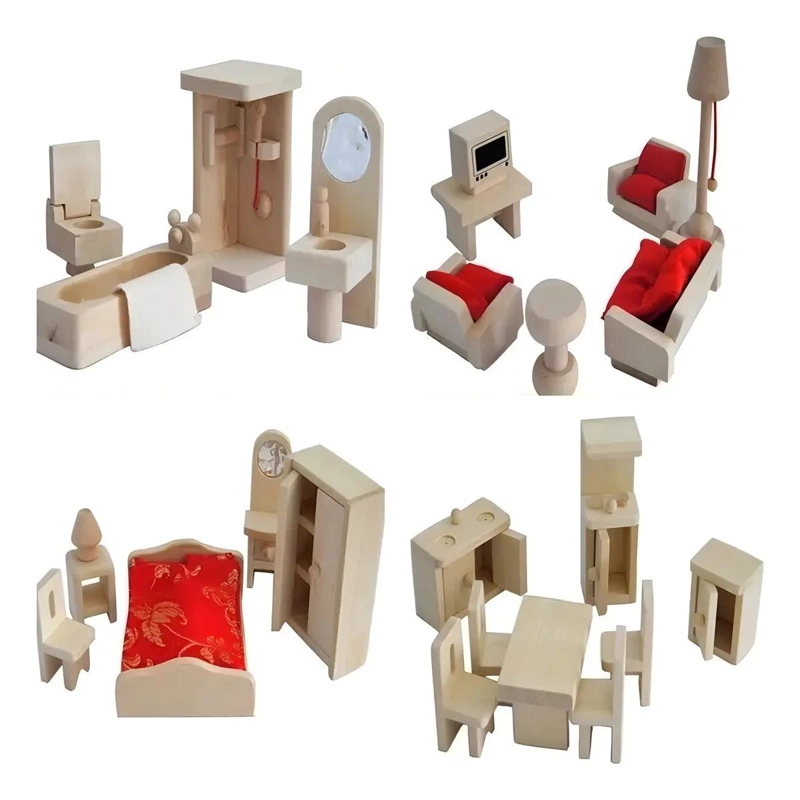 SET COMPLETO DE MUEBLES DE MADERA PARA CASA DE MUÑECAS - 2