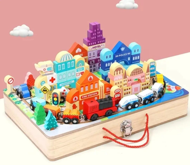 JUEGO DIDACTICO CIUDAD CON AUTO Y TRENES DE MADERA - 5