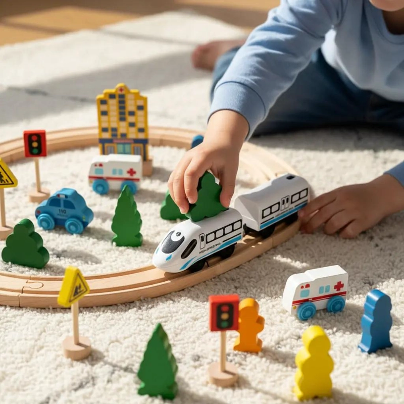 PISTA DE AUTOS Y TREN DE MADERA DIDACTICA - 2
