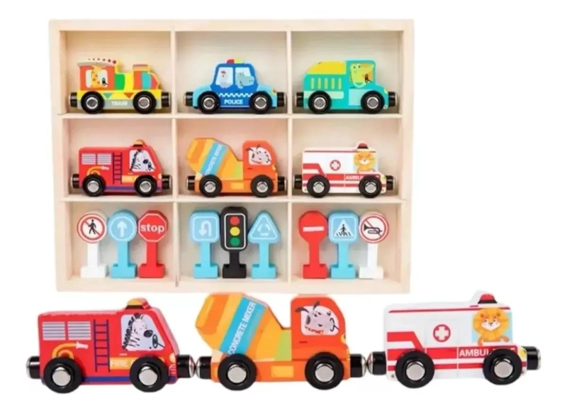 SET DE 6 VEHICULOS DE MADERA CON IMANES Y SEÑALES - 2