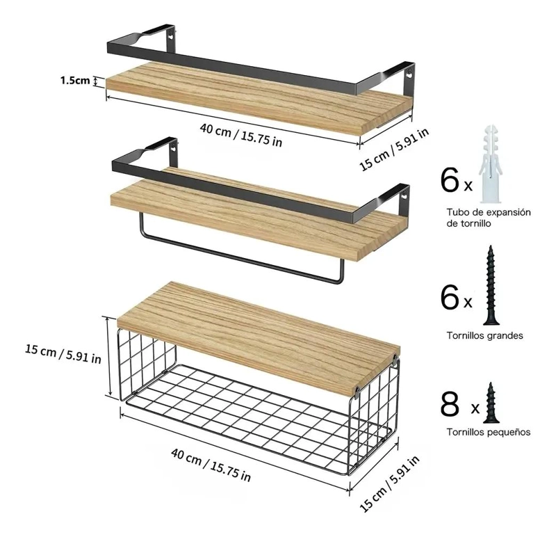 REPISAS FLOTANTES DE MADERA MULTIPROPOSITO PARA BAÑO - 3